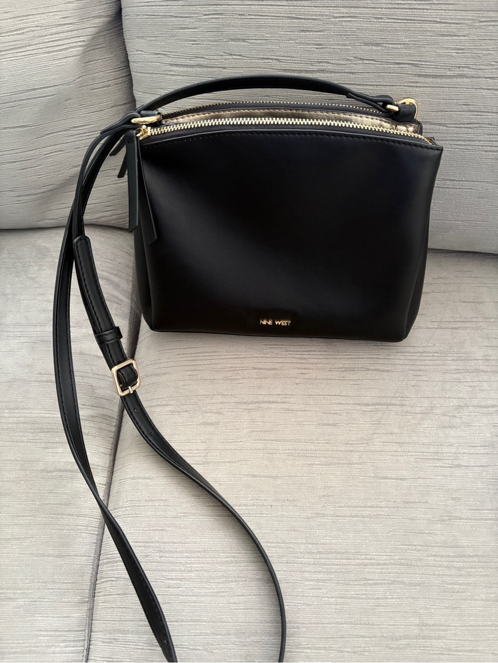Nine West Black Leather Crossbody with Gold Accents and Three Compartments